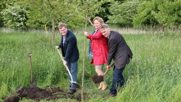 Johann Wadephul, MdB Beate Nielsen und Hans Hinrich Neve, MdL pflanzen den Baum.